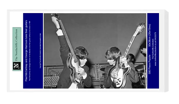 Paul McCartney and George Harrison tune their guitars