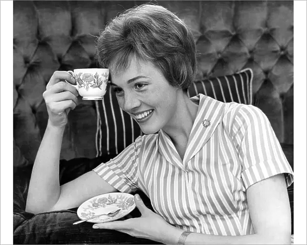 Julie Andrews with a cup of tea, 1960