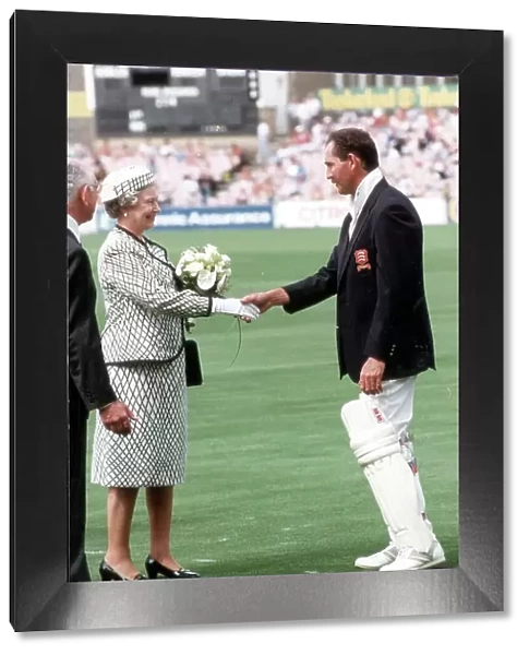 Queen Elizabeth II meets England Cricketer Graham Gooch at the oval during the Surrey V Essex Nat. West Trophy Match 1991
