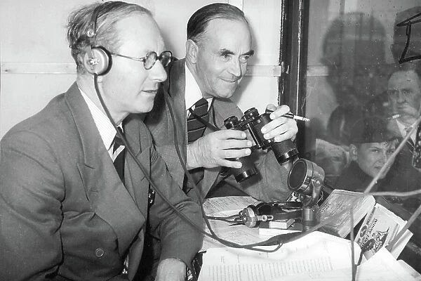 BBC cricket commentators, Rex Alston (L) and Charles Fortune, commentating on the Lancashire v South Africa match at Old Trafford