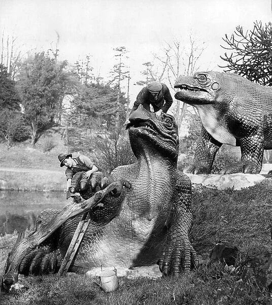 Cleaning the dinosaurs at Crystal Palace
