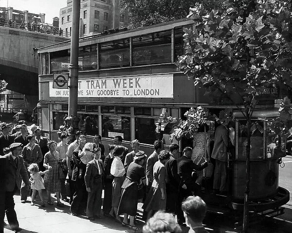 The last day of London's trams. People arriving on the Victoria Embankment for a last ride on the tram