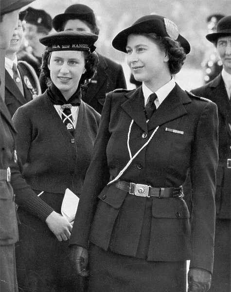 Princess Elizabeth and Princess Margaret at the Rally of Girl Guides and Rangers in Hyde Park 1946