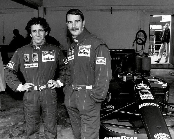 Racing Drivers Alain Prost and Nigel Mansell in the Ferrari Pit