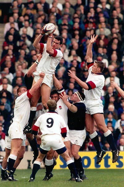 Scotland v England Rugby Union at Murrayfield 1996. England's Martin johnson dominates the line out