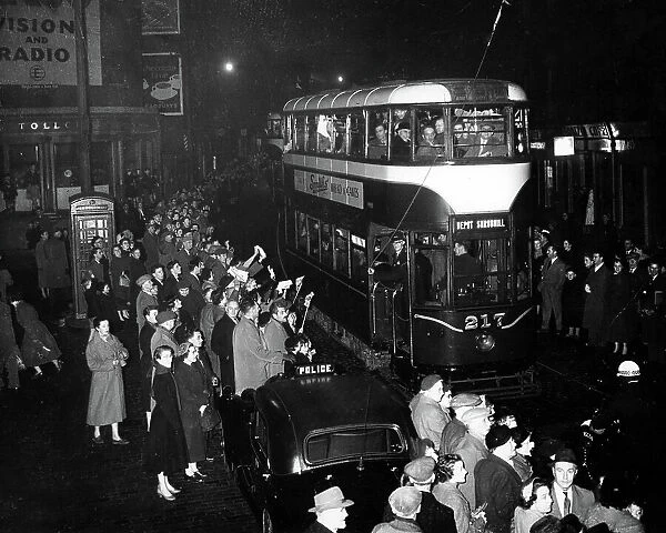 Last tram ceremony at Edinburgh. Trams leaving for the depot 20 / 12 / 1956