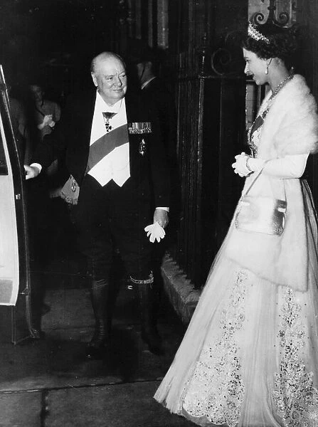 Winston Churchill with Queen Elizabeth after she had been to dinner at 10 Downing street 1955