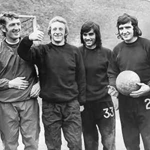 Manchester United F. C. footballers, (L-R): Alex Stepney, Denis Law, George Best, Ian Moore, David Sadler, and Francis Burns 1972
