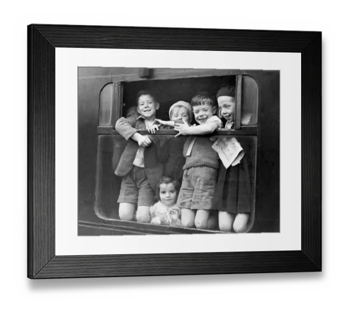 Framed Print : Children waving while being evacuated Framed Print : Children waving while being evacuated