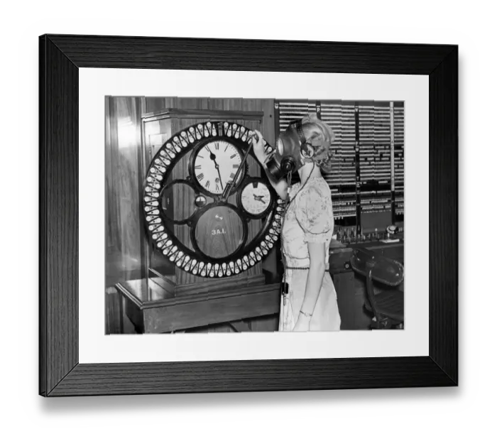 Framed Print : Woman in gas mask clocks in at work Framed Print : Woman in gas mask clocks in at work