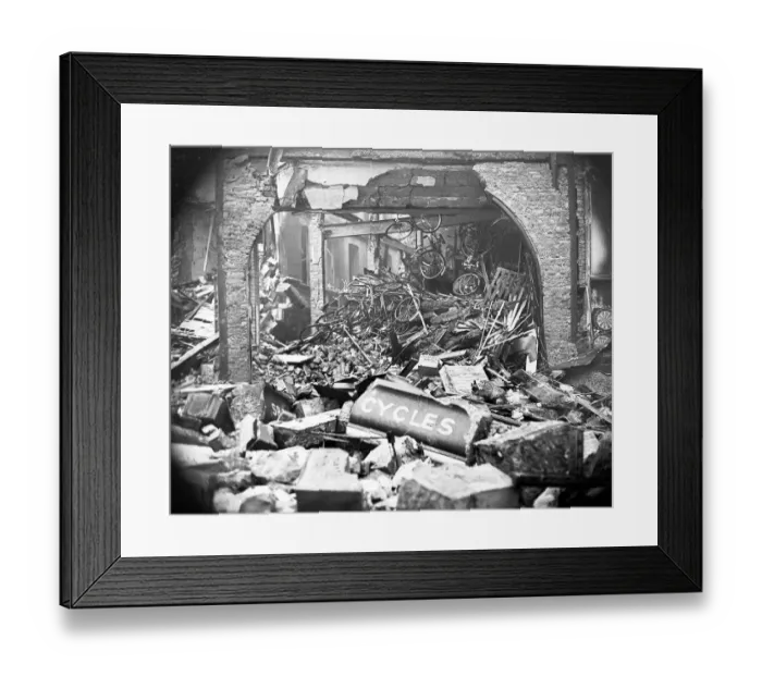 Framed Print : Bombed sports good shop Framed Print : Bombed sports good shop