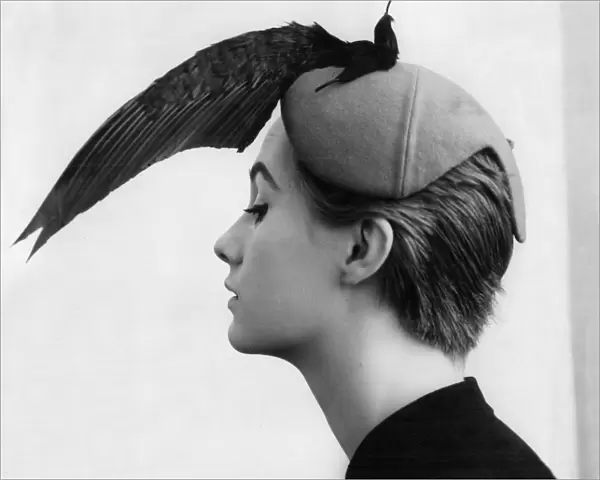 Model wearing hat with bird wing design