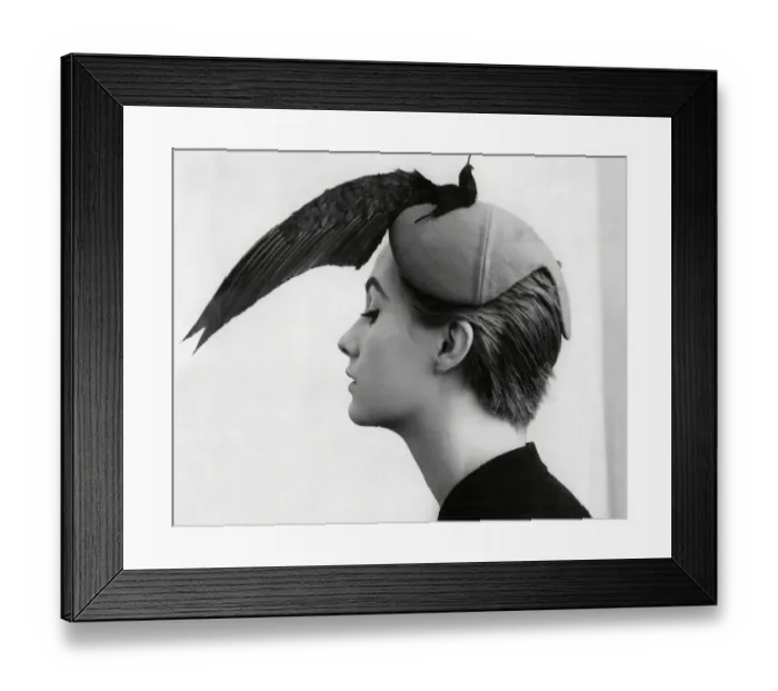 Framed Print : Model wearing hat with bird wing design Framed Print : Model wearing hat with bird wing design