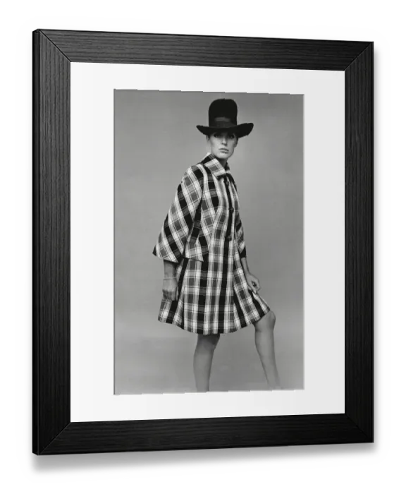 Framed Print : Model wearing large hat and checked coat Framed Print : Model wearing large hat and checked coat