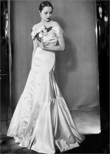 Model wearing silk evening gown