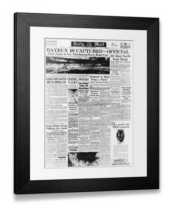 Framed Print : Daily Mail Front page 8th June 1944, reporting the progress of the D-Day landings Framed Print : Daily Mail Front page 8th June 1944, reporting the progress of the D-Day landings