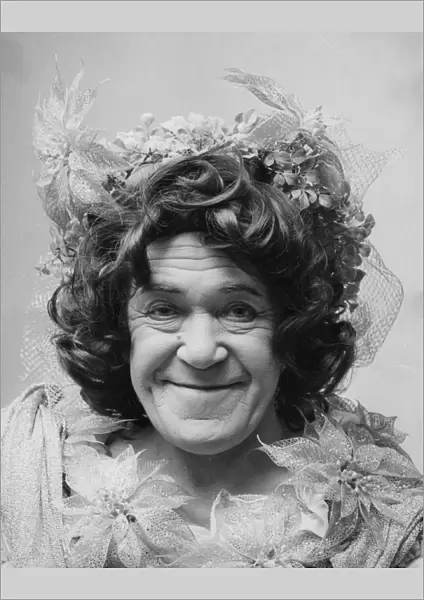 Peter Butterworth, actor, dressed as the Dame, for pantomime, Dick Whittington