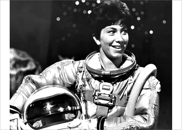 Valerie Singleton wearing a space suit for feature on Blue Peter
