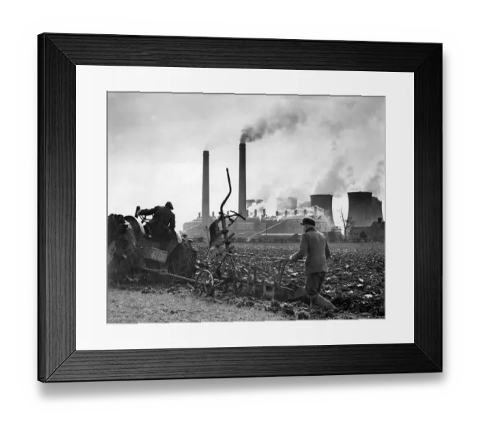 Framed Print : Ploughing in Warwickshire with Harris Hall electricity power station in the background Framed Print : Ploughing in Warwickshire with Harris Hall electricity power station in the background
