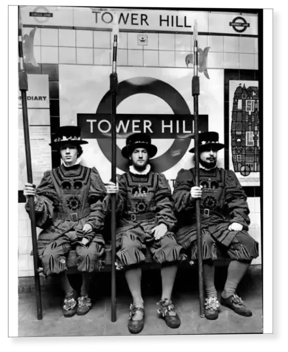 Print : Student Beefeaters on the Underground at Tower Hill station Print : Student Beefeaters on the Underground at Tower Hill station