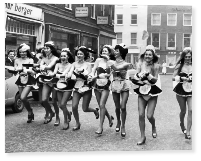 Print : Penthouse Pets in a pancake race in Shepherd market, London
