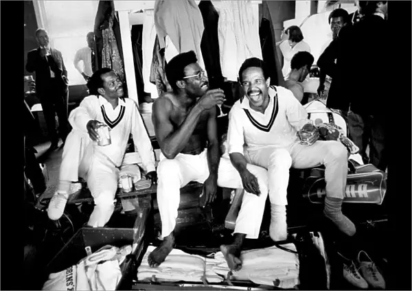 Ron Headley, Clive Lloyd, and Gary Sobers enjoy victory in England v West Indies Test Match