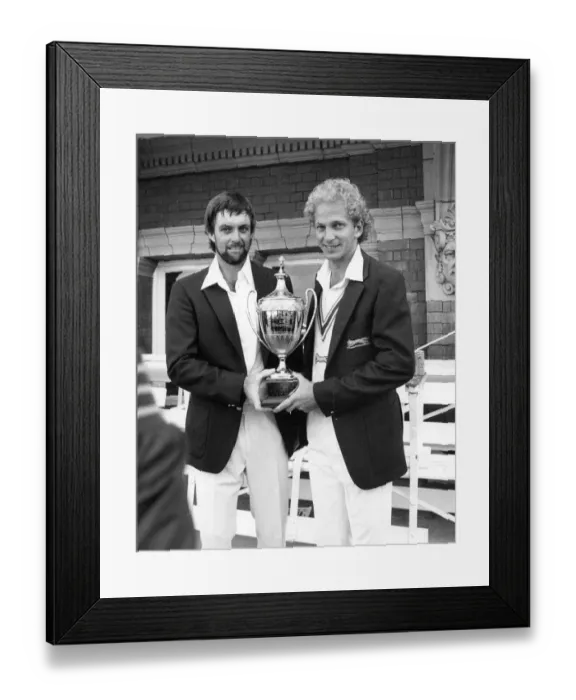 Framed Print : Peter Willey and David Gower with the Benson and Hedges trophy 1985 Framed Print : Peter Willey and David Gower with the Benson and Hedges trophy 1985