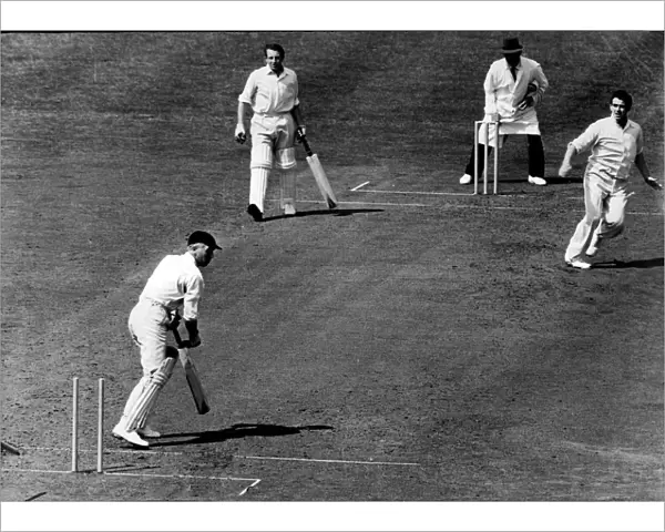 Cricket Yorkshire v Lancashire. A Fred Trueman special rips out the middle stump of Winston Place