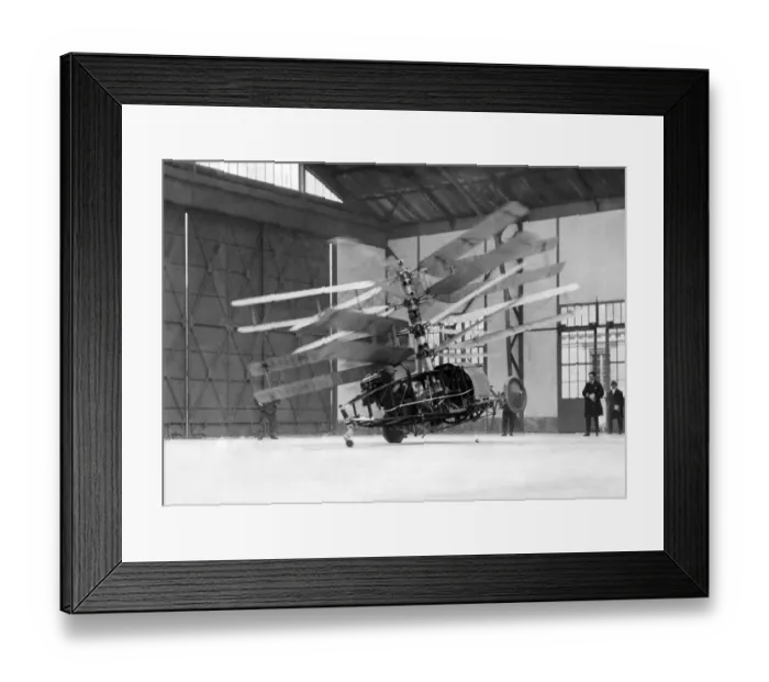 Framed Print : The Pescara helicopter making an experimental flight in a hangar Framed Print : The Pescara helicopter making an experimental flight in a hangar