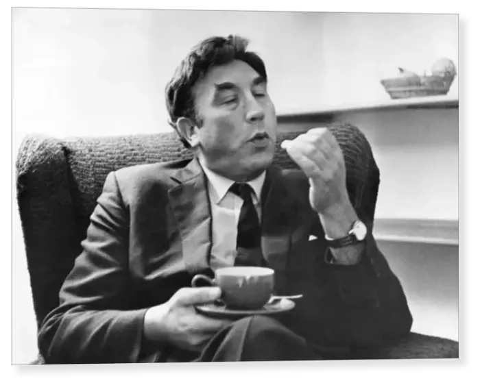 Print : Frankie Howerd, with a cup of tea Print : Frankie Howerd, with a cup of tea