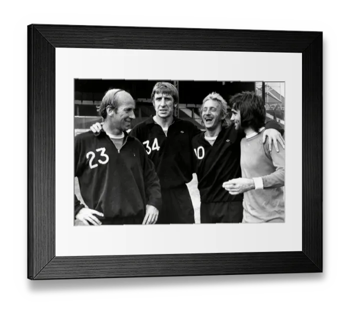 Framed Print : Manchester United footballers Wyn Davies with Bobby Charlton, Denis Law and George Best 1972 Framed Print : Manchester United footballers Wyn Davies with Bobby Charlton, Denis Law and George Best 1972
