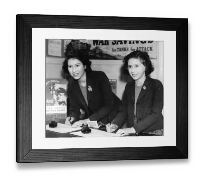 Framed Print : Princess Elizabeth and Princess Margaret Rose at a country post office 1943 Framed Print : Princess Elizabeth and Princess Margaret Rose at a country post office 1943