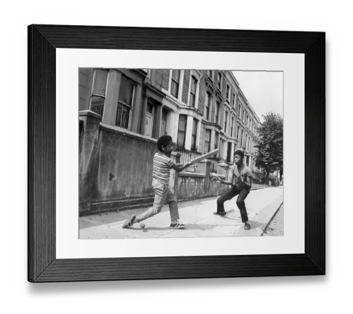 Framed Print : Boys playing cricket in the street 1973 Framed Print : Boys playing cricket in the street 1973