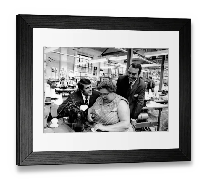 Framed Print : Geoff Hurst & Jimmy Greaves in a factory - no date perhaps 1966? Framed Print : Geoff Hurst & Jimmy Greaves in a factory - no date perhaps 1966?