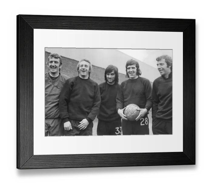 Framed Print : Manchester United F. C. footballer's L-R: Alex Stepney, Denis Law, George Best, Ian Moore, and David Sadler Framed Print : Manchester United F. C. footballer's L-R: Alex Stepney, Denis Law, George Best, Ian Moore, and David Sadler
