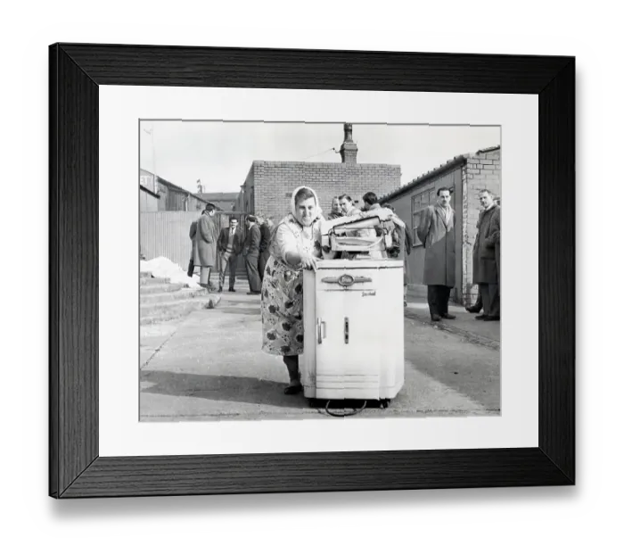 Framed Print : Mrs. Sarah Dewhirst taking away the washing machine from the Peel Park ground at Accrington Stanley, 1962 Framed Print : Mrs. Sarah Dewhirst taking away the washing machine from the Peel Park ground at Accrington Stanley, 1962