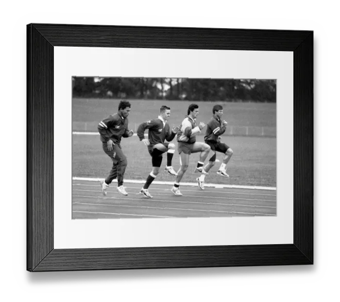 Framed Print : Rory Underwood, Nigel Heslop, Will Carling and Rob Andrew training for the Rugby World Cup 1991 Framed Print : Rory Underwood, Nigel Heslop, Will Carling and Rob Andrew training for the Rugby World Cup 1991