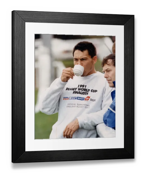 Framed Print : Rory Underwood finishes training with a cup of tea 1991 Rugby World Cup Framed Print : Rory Underwood finishes training with a cup of tea 1991 Rugby World Cup