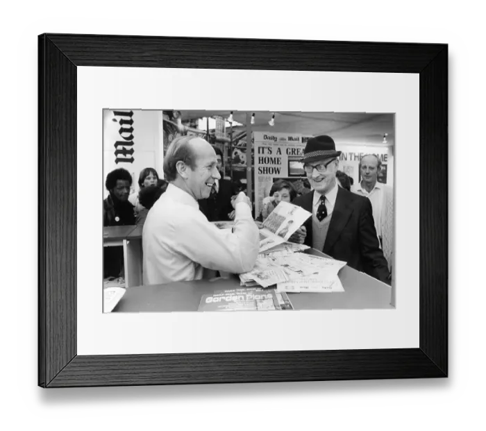 Framed Print : Bobby Charlton at the Daily Mail stand at the Ideal Home Exhibition 1980 Framed Print : Bobby Charlton at the Daily Mail stand at the Ideal Home Exhibition 1980