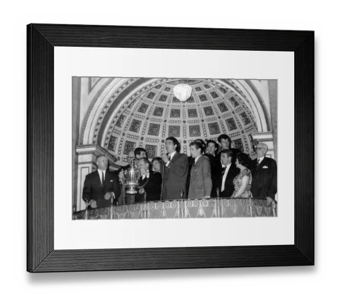Framed Print : Ron Yeats leads the singing of You'll Never Walk Alone with the FA Cup winning Liverpool football team of 1965 Framed Print : Ron Yeats leads the singing of You'll Never Walk Alone with the FA Cup winning Liverpool football team of 1965