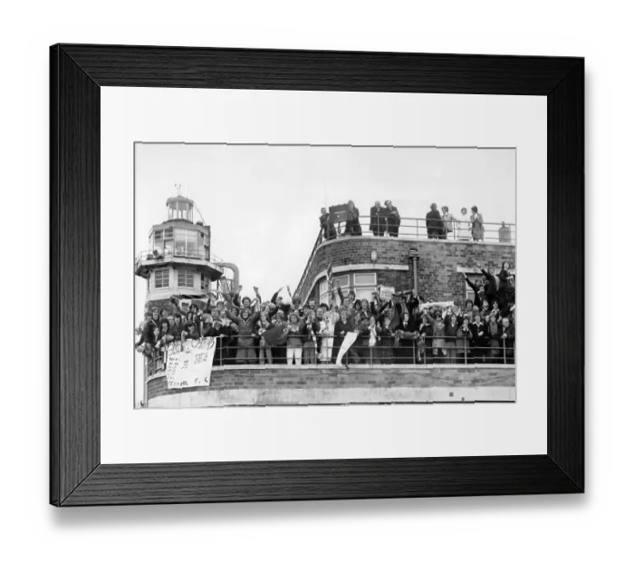 Framed Print : Crowds greet the Liverpool team from rooftops at Liverpool Airport, after winning Football League Cup and UEFA Cup, 1976 Framed Print : Crowds greet the Liverpool team from rooftops at Liverpool Airport, after winning Football League Cup and UEFA Cup, 1976