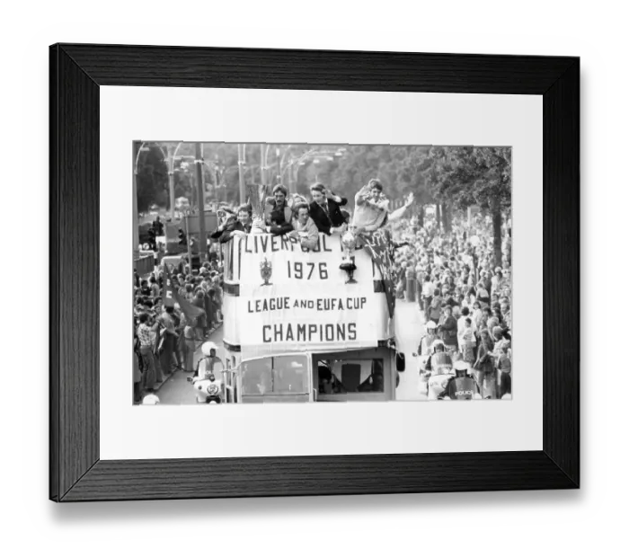 Framed Print : Liverpool FC at homecoming after winning Football League Cup and UEFA Cup, 1976 Framed Print : Liverpool FC at homecoming after winning Football League Cup and UEFA Cup, 1976