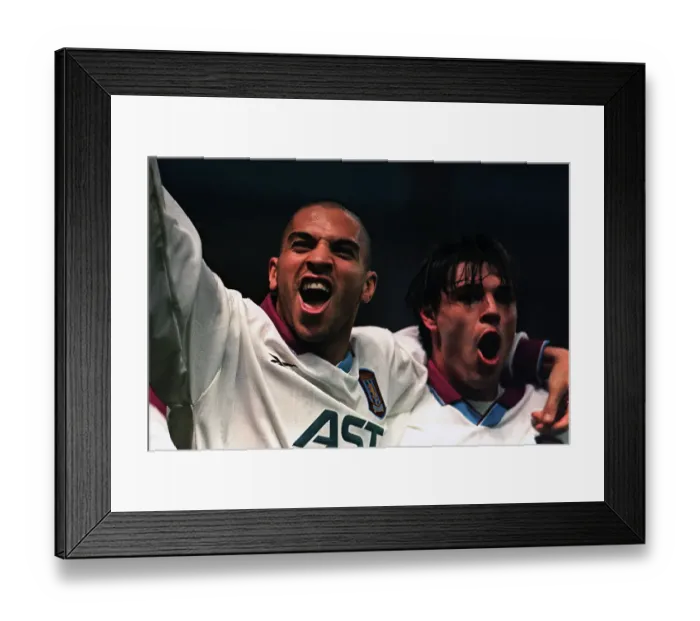 Framed Print : Stan Collymore and Savid Milosevic celebrate scoring in the UEFA cup against Bucharest Framed Print : Stan Collymore and Savid Milosevic celebrate scoring in the UEFA cup against Bucharest
