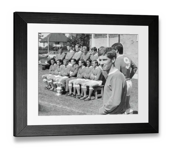 Framed Print : Everton F. C. New signing Alan Ball, stands to one side as last year's F. A. Cup team pose with the Cup for an official group photo shoot 1966 Framed Print : Everton F. C. New signing Alan Ball, stands to one side as last year's F. A. Cup team pose with the Cup for an official group photo shoot 1966