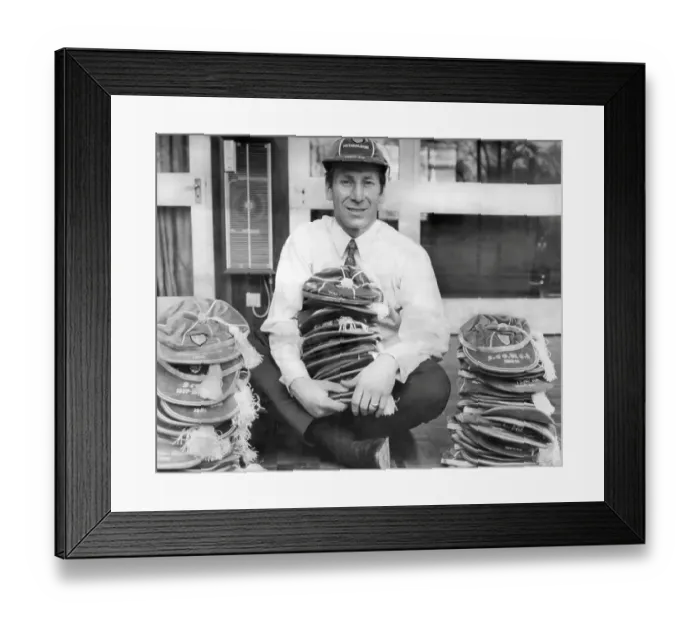 Framed Print : Bobby Charlton, former England and Manchester United Footballer, with his collection of England caps Framed Print : Bobby Charlton, former England and Manchester United Footballer, with his collection of England caps