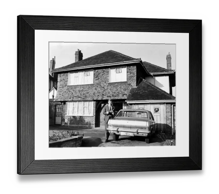 Framed Print : Bobby Moore outside his home in Chigwell, Essex, with his Ford Zodiac (Mk4) car Framed Print : Bobby Moore outside his home in Chigwell, Essex, with his Ford Zodiac (Mk4) car