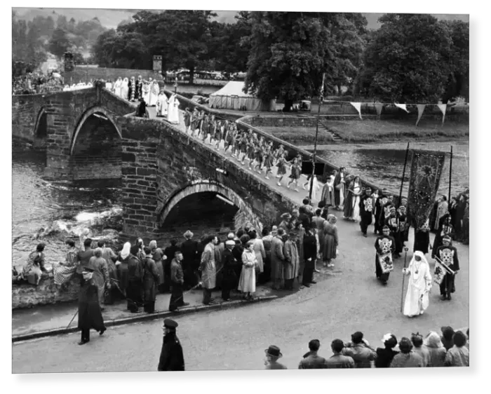 Print : Llanwrst, Wales, Bardic procession crossing the bridge after the Gorsedd ceremony at the Eisteddfod Print : Llanwrst, Wales, Bardic procession crossing the bridge after the Gorsedd ceremony at the Eisteddfod