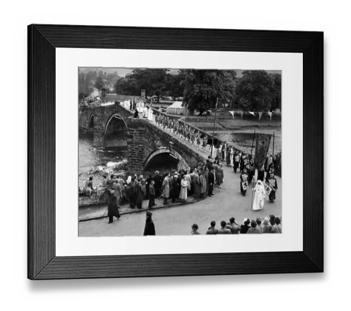 Framed Print : Llanwrst, Wales, Bardic procession crossing the bridge after the Gorsedd ceremony at the Eisteddfod