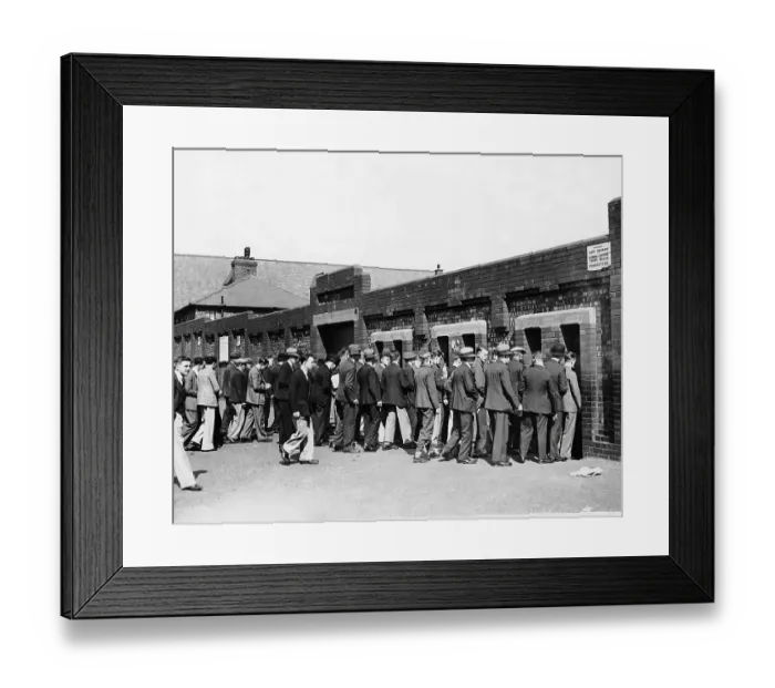Framed Print : Football fans queue to enter Manchester City F.C.'s Maine Road ground 1933 Framed Print : Football fans queue to enter Manchester City F.C.'s Maine Road ground 1933