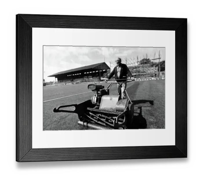 Framed Print : Brighton & Hove Albion groundsman Frankie Howard mows the pitch at the Goldstone Ground 1979 Framed Print : Brighton & Hove Albion groundsman Frankie Howard mows the pitch at the Goldstone Ground 1979